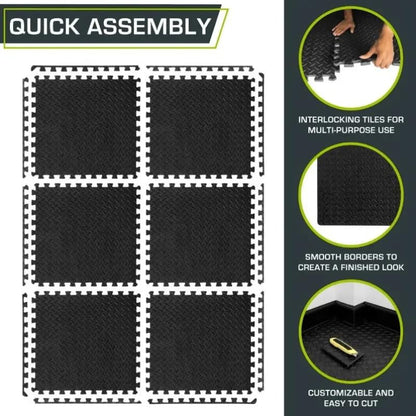 Boolavard Puzzle Exercise Mat ½ in, EVA Interlocking Foam Floor Tiles for Home Gym, Mat for Home Workout Equipment, Floor Padding for Kids (Black - 1/2 Inch - 12 Sq Ft - 12 Tiles)