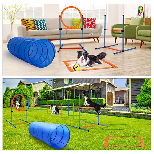 Dog Agility Training Equipment, 60-piece Dog Obstacle Course Training Starter Kit Pet Outdoor Game with Tunnel, Agility Hurdle, Weave Poles, Jump Ring, Pause Box, Toy Balls and Storage Bag