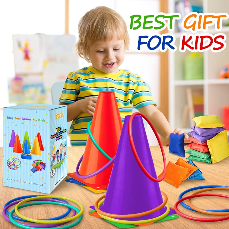 3 in 1 Carnival Games Set, Soft Plastic Cones Bean Bags Ring Toss Games for Kids Birthday Party Outdoor Games Supplies Combo Set