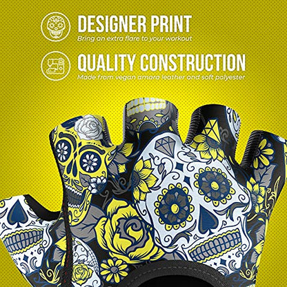 Contraband Pink Label 5237 Womens Designer Workout Gloves | Sugar Skull Print w/Grip-Lock™ Padding (Yellow, Large) - color: Yellow, size: Large