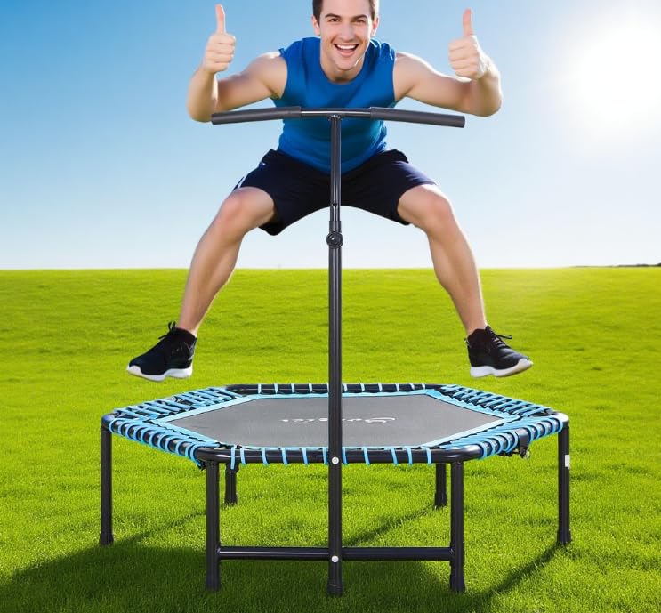Foldable Mini Trampoline Fitness Rebounder with Adjustable Foam Handle, Exercise Trampoline for Adults Indoor/Garden Workout
