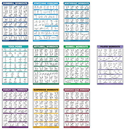 QuickFit 10 Pack - Exercise Workout Poster Set - Pilates, Dumbbell, Suspension, Kettlebell, Resistance Bands, Stretching, Bodyweight, Barbell, Yoga Poses, Exercise Ball (LAMINATED, 18" x 24")