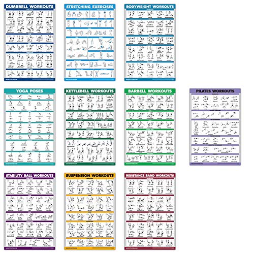 QuickFit 10 Pack - Exercise Workout Poster Set - Pilates, Dumbbell, Suspension, Kettlebell, Resistance Bands, Stretching, Bodyweight, Barbell, Yoga Poses, Exercise Ball (LAMINATED, 18" x 24")