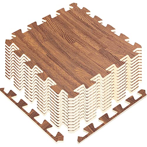 Puzzle Exercise Mat with EVA Foam Interlocking Tiles - Interlocking Floor Mats for Gym Equipment - Ideal for Home Gym, Aerobic, Yoga and Pilates - color: Oak Wood Dark (12pcs With Border Tiles)
