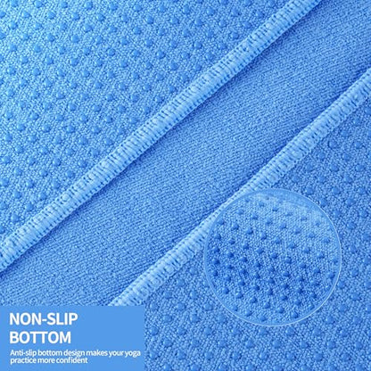 Microfiber Hot Yoga Towel Mat, 24 x 72 inches, with Non-Slip Silicone Grip, Secure Fit Elastic Straps (Blue)