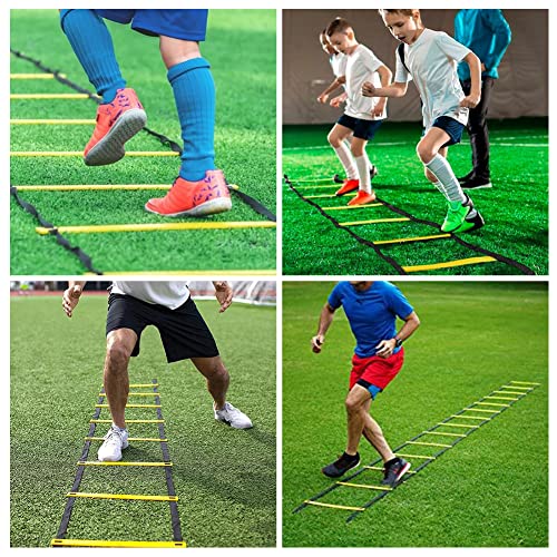 Professional Agility Ladder Speed Training Equipment Set-20ft Agility Ladder,12 Soccer Cones, 4 Agility Hurdles, Running Parachute, Suitable for Soccer Football Basketball Training - color: yellow