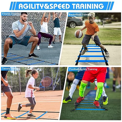 Soccer Speed Agility Training Set - 20FT Agility Ladder 12/16 Sports Cones and Soccer Kick Trainer Football Training Equipment Footwork Drills for Youth and Adults - color: Blue, style: Agility Ladder+Cones