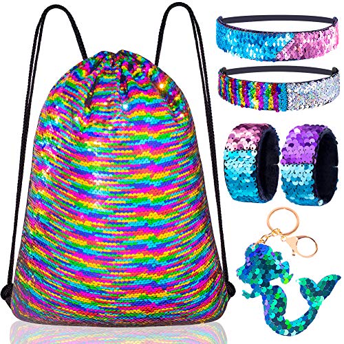 GA&EN Mermaid Reversible Sequin Drawstring Backpack/Bag Multi-Colored/Gold for Kids Girls - color: 21-multi-colored/Gold