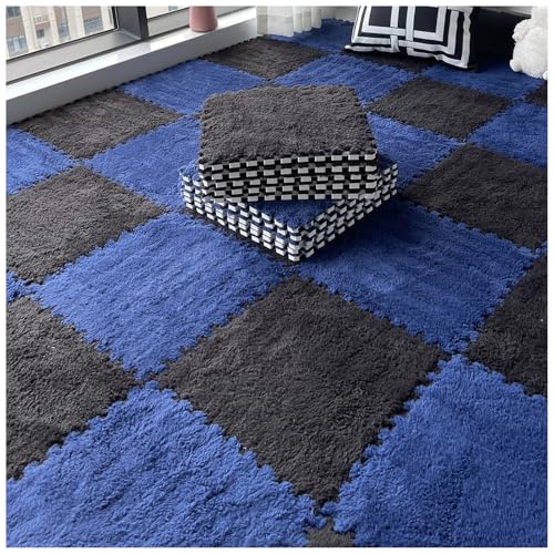 14 Pcs Carpet Puzzle Mats for Floor,Plush Carpet Tiles Interlocking Floor Mats,Fluffy Thick Foam Floor Tiles Puzzle Rug for Playroom,Classroom,Gym,Basement,Navy Blue+Black - color: Navy Blue+black