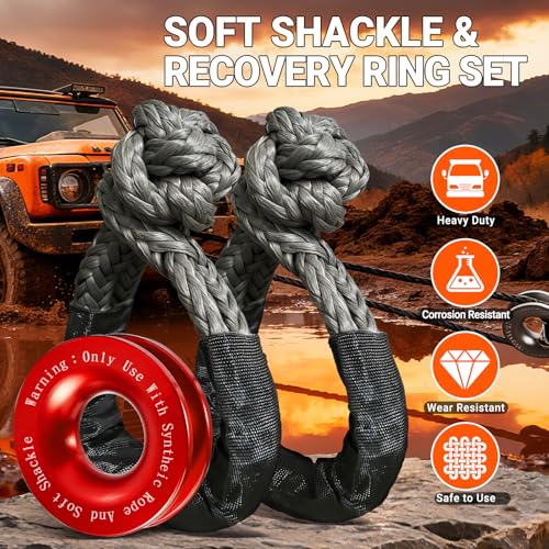Synthetic Soft Shackle Rope 1/2 Inch x 22 Inch Gray Recovery Tow Shackles with Red Recovery Ring 56,000lbs Breaking Strength Offroad Soft Shackle Recovery Kit for Truck, Jeep, SUV, UTV, ATV