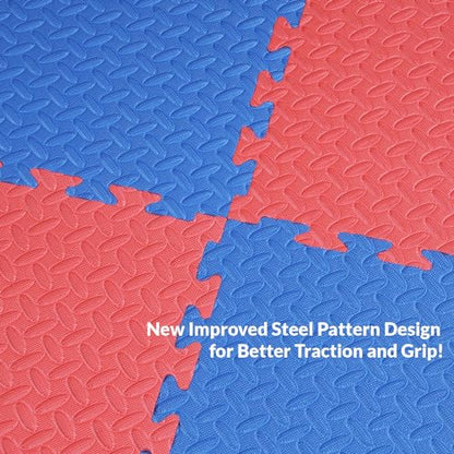 1" Extra Thick 48 sq ft Reversible EVA Gym Foam Floor Mat Tiles (24" x 24"), Steel Pattern, 12 pcs, Blue & Red