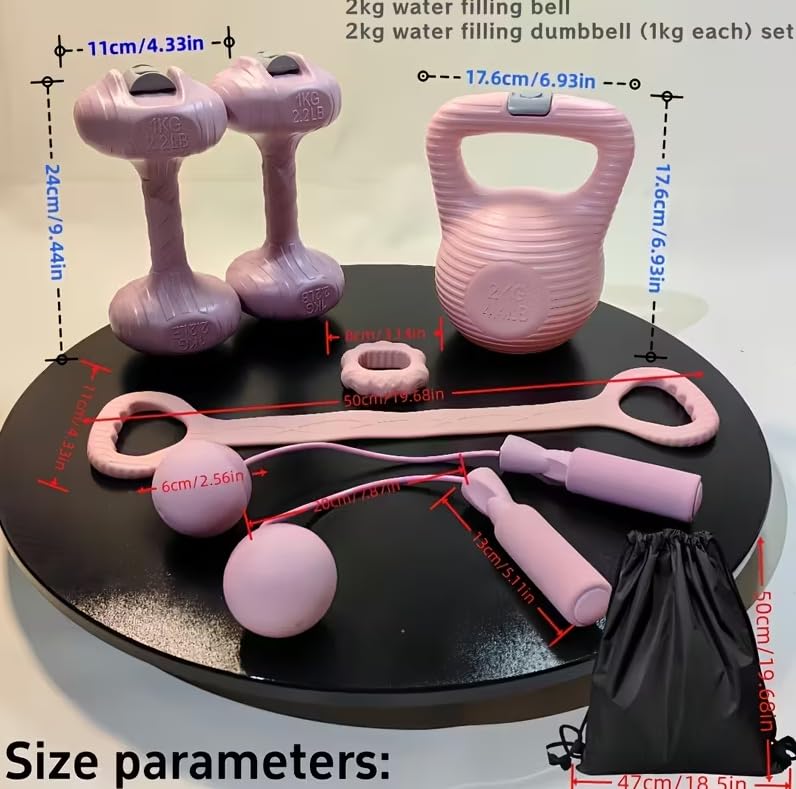 5-Piece Yoga and Fitness Set: Home fitness equipment Includes Resistance Bands, Hand Gripper, Jump Rope, 2pcs Water-Filled Dumbbells, and 1 Water-Filled Kettlebell, Entry-level Fitness set，christmas gifts，Holiday Gift,Gifts for Women & Men - color: Pink k