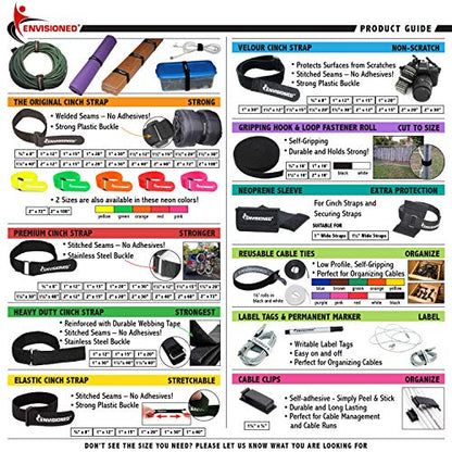 Elastic Reusable Cinch Straps 1.5" x 12" - 6 Pack Multipurpose Quality Hook and Loop Securing Straps