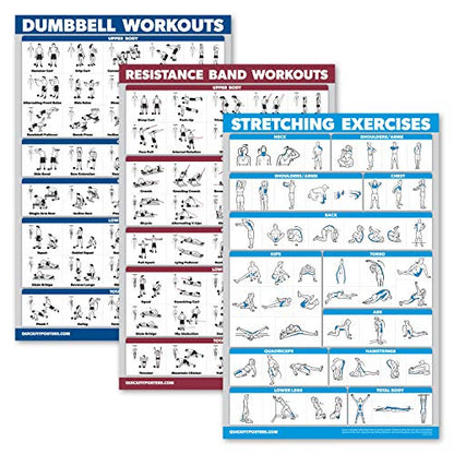 Palace Learning 3 Pack: Dumbbell Exercise Poster + Resistance Bands Workouts + Stretching Exercises - Set of 3 Workout Charts
