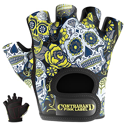 Contraband Pink Label 5237 Womens Designer Workout Gloves | Sugar Skull Print w/Grip-Lock™ Padding (Yellow, X-Small) - color: Yellow, size: X-Small