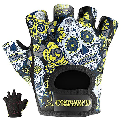 Contraband Pink Label 5237 Womens Designer Workout Gloves | Sugar Skull Print w/Grip-Lock™ Padding (Yellow, Medium) - color: Yellow, size: Medium