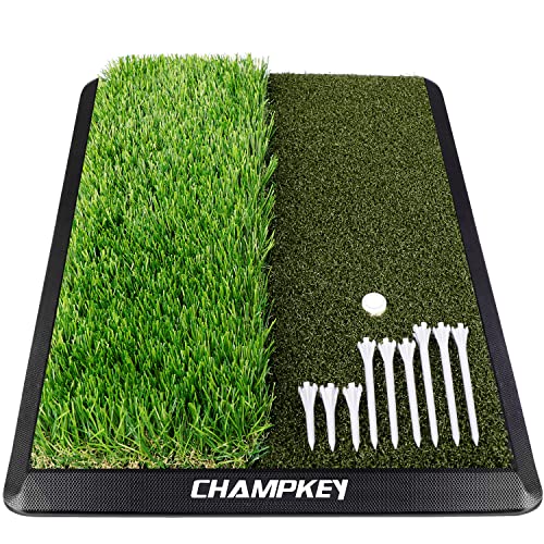 CHAMPKEY Dual-Turf Golf Hitting Mat | Come with 9 Golf Tees & 1 Rubber Tee | Heavy Duty Rubber Backing Golf Practice Mat Ideal for Indoor & Outdoor Training