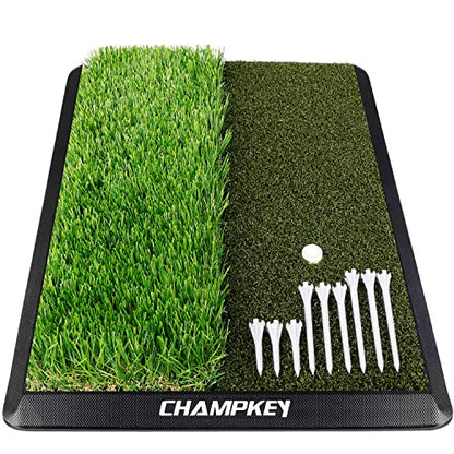 CHAMPKEY Dual-Turf Golf Hitting Mat | Come with 9 Golf Tees & 1 Rubber Tee | Heavy Duty Rubber Backing Golf Practice Mat Ideal for Indoor & Outdoor Training