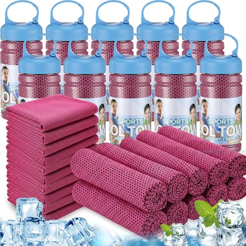 Honoson 20 Pcs Cooling Towels for Neck and Face, 47"x12" Sports Breathable Ice Towels Microfiber Chilly Sweat Rags with Portable Bottle for Gym Golf Athletes Yoga Workout Hot Weather (Rose Red) - color: Rose Red