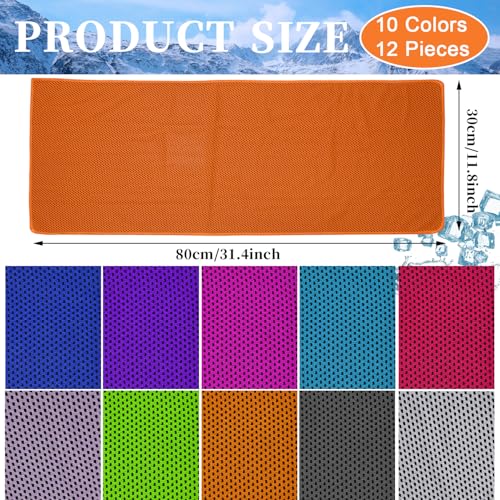 12 Pack Cooling Towels, 32 x 12 Inch Microfiber Ice Towels, Soft and Breathable Neck and Face Cooling Towels, Sweat Wicking Towels for Yoga, Running, Gym, Workout, Outdoor Exercise, 10 Colors