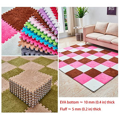 12 Pieces Thickened Plush Foam Interlocking Floor Mat,Fluffy Square Foam Tiles with 12 Edgings,Soft Anti-Slip Puzzle Area Rug Playmat for Bedroom,12X12inch,12 Tiles/11.6 Sq.Ft,Camel - color: Camel