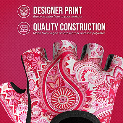 Contraband Pink Label 5387 Womens Design Series Paisley Print Lifting & Rowing Gloves (Pair) - Lightweight Vegan Medium Padded Microfiber Amara Leather w/Griplock Silicone