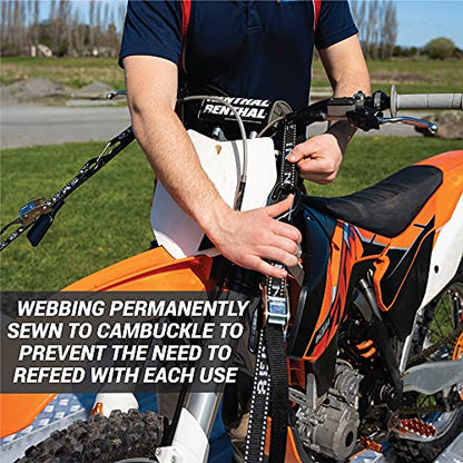 Heavy Duty Motorcycle Tie Down Straps - 1" x 8' Cam Buckle Straps with Soft Loops & Safety Hooks - Secures Motorbikes, Dirtbikes, ATV, UTV - 2 Pack