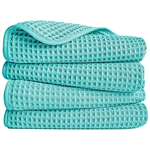 POLYTE 430 GSM Poly Blend Microfiber Quick Dry Waffle Hand Towel, 16x30 in - color: Aqua