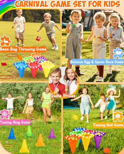 Eocolz 49PCS Carnival Games Outdoor Combo Set for Kids with LED Light, Plastic Cones Obstacle Course Bean Bags Balls Ring Toss Game Egg and Spoon Race Lawn Game, Gift for Birthday Party/Xmas/Easter - color: blue