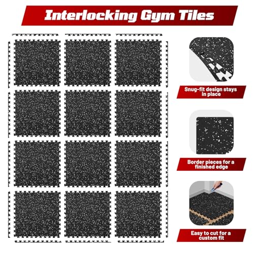 Interlocking Exercise Equipment Mats, 0.56" Thick 12 Tiles (48 Sq Ft) - Rubber Top Gym Flooring with High Density EVA Foam, Heavy Weight Workout Mats for Home GymFloor Protection,Black/White - size: 48 Sq Ft (12 Tiles)