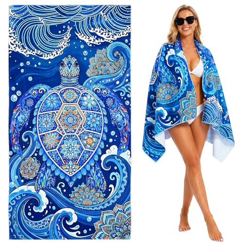 Large Turtle Mandala Microfiber Beach Towel, Oversized 71" x 35" XL Sand Free Quick Dry Absorbent Compact Travel Towel for Beach Pool Gym Yoga Bath Camping, Funny Gifts for Men Women Summer Vacation - color: A2-turtle-mtl