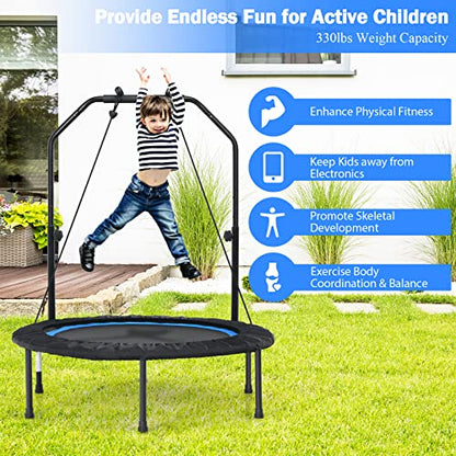 GYMAX Rebounder Trampoline for Adults, 40” Mini Exercise Trampoline with Height Adjustable Bar & Resistance Bands, 330LBS Foldable Workout Trampoline, Small Fitness Trampoline Indoor/Outdoor