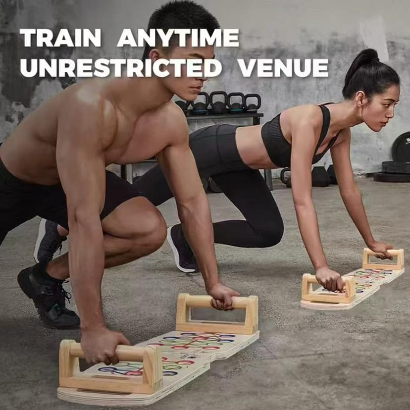Wooden Foldable push-up board, Adjustable design. Features wooden handles and grip bars, ideal for fitness and core strength training. Suitable for both men and women