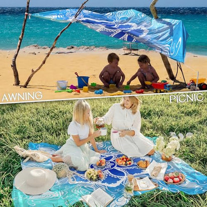 Beach Blanket Waterproof Sandproof Large Sand Free,78''X81''/10'X9' Oversized Sandless Lightweight Blanket Picnic Mat for Beach Travel Camping Hiking with Stakes