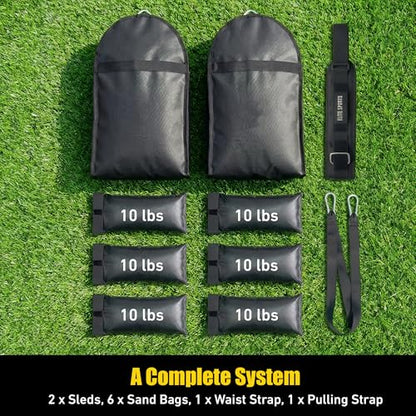 Elite Twin Sand Bag Sled Workout Sled – Waterproof UNFILLED Weight Sled Trainer with 6-Level 10–60 lb Resistance Pull System, Adjustable Waist Strap for Speed, Strength, Endurance & Agility Training