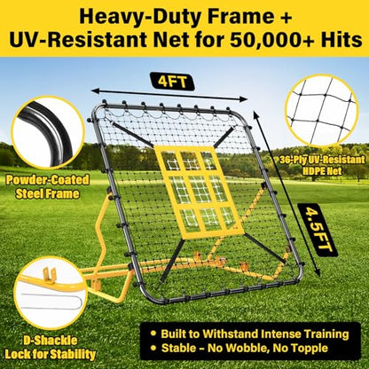 Utheer Baseball Rebounder Net 4x4.5FT Pitch Back Trainer with Strike Zone & 9-Grid Target for Baseball Softball Soccer Volleyball Lacrosse - 3 Adjustable Angles | Steel Frame UV Net | Foldable