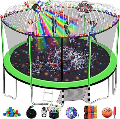 1500LBS 6 8 10 12 14 15 16 FT Trampoline for Kids and Adults with Sprinkler, Lights, Bluetooth Speaker, Water Balls, 16 Socks, Outdoor Recreational Trampolines with Enclosure Net - color: Round 16FT - Green