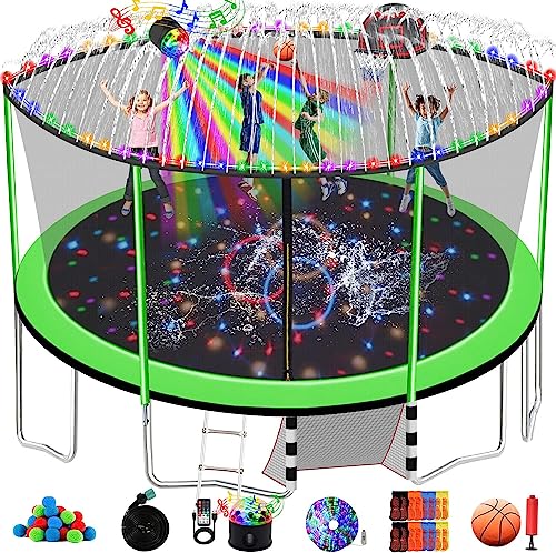 1500LBS 6 8 10 12 14 15 16 FT Trampoline for Kids and Adults with Sprinkler, Lights, Bluetooth Speaker, Water Balls, 16 Socks, Outdoor Recreational Trampolines with Enclosure Net - color: Round 16FT - Green