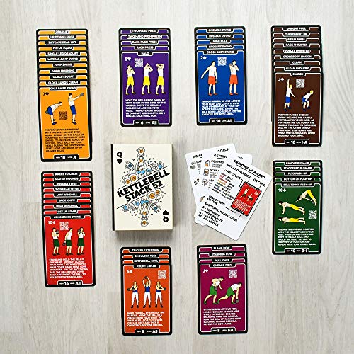 Stack 52 Kettlebell Exercise Cards. Workout Playing Card Game. Video Instructions Included. Learn Kettle Bell Moves and Conditioning Drills. Home Fitness Training Program. (2019 Updated Deck)