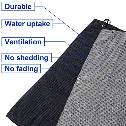 2 Pack 16" x 24" Tri-fold Golf Towel Set, Microfiber Fabric Waffle Pattern Towels, Heavy Duty Carabiner Clip (2 Pcs, 2 Colors) - color: 4:all Black