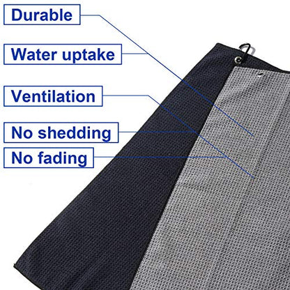 2 Pack 16" x 24" Tri-fold Golf Towel Set, Microfiber Fabric Waffle Pattern Towels, Heavy Duty Carabiner Clip (2 Pcs, 2 Colors) - color: 4:all Black