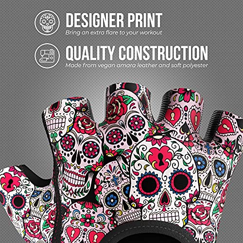 Contraband Pink Label 5237 Designer Series Workout Gloves for Women | Sugar Skull Print Weight Lifting Gloves for Women w/Grip-Lock Padding | Gym Gloves for Women w/Medium Padding (White, Large)