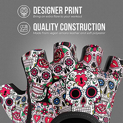 Contraband Pink Label 5237 Designer Series Workout Gloves for Women | Sugar Skull Print Weight Lifting Gloves for Women w/Grip-Lock Padding | Gym Gloves for Women w/Medium Padding (White, Large)