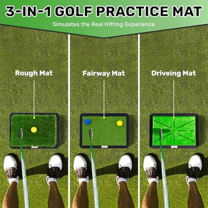 Golf Hitting Mats Training Equipment, Golf Practice Mat with Instant Swing Path Feedback, 3 Replaceable Golf Training Mats with No-Slip Heavy Duty Rubber Base