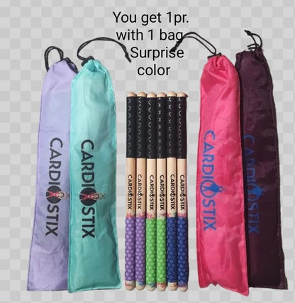 CardioStix approx 8.5oz per set (1 PAIR WITH BAG) Bundle Weighted Double Grip w/bag Premium American Hickory Wood Cardio Drum Sticks | Drumming, Fitness, Aerobic Class, Exercises (Tie Dye with Bag) - color: Tie Dye Surprise grip color w/ Bag