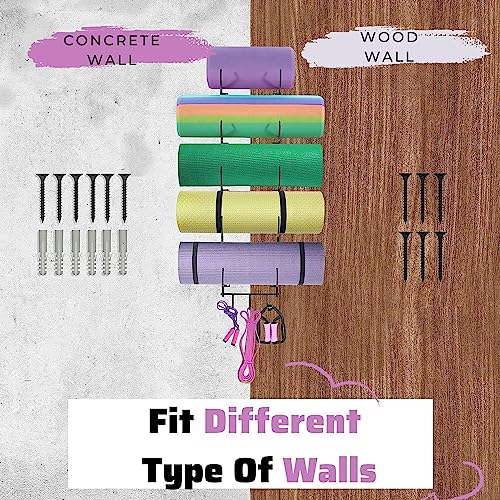 Yes4All 3-Tier and 5-Tier Steel Yoga Mat Rack Organizer Wall Mount with 3 Hooks, Foam Roller Holder Wall Mount Rack For Yoga Mat Storage, Hanging Yoga Strap and Resistance Bands
