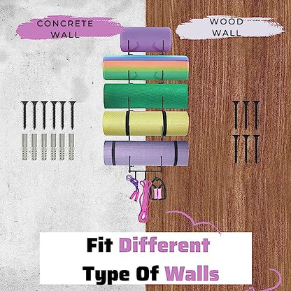 Yes4All 3-Tier and 5-Tier Steel Yoga Mat Rack Organizer Wall Mount with 3 Hooks, Foam Roller Holder Wall Mount Rack For Yoga Mat Storage, Hanging Yoga Strap and Resistance Bands