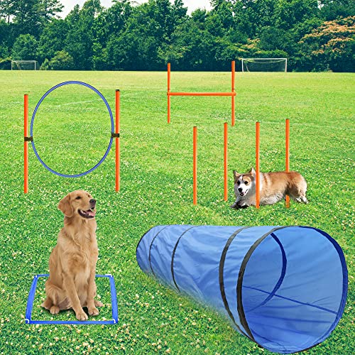 Dog Agility Training Equipment, Obstacle Agility Training Starter Kit for Doggie, Including Tunnel, 13 Weave Poles, Adjustable Hurdle, Jump Ring, Pause Box and Carrying Bag(Blue)