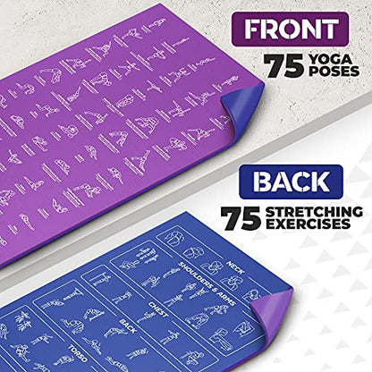 Instructional Yoga Mat with Carrying Strap: Cute Yoga Mat with 75 Illustrated Yoga Poses + 75 Easily-Followed Stretching Exercises - 1/4” Thick, Non-Toxic, Non-Slip Yoga Mats for Women and Men - color: Blue/Purple (68" x 24")