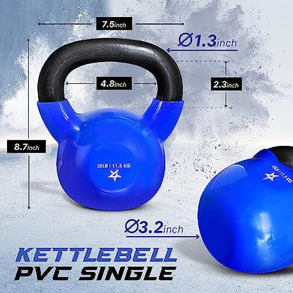 Yes4All Kettlebell, 5-100 LB Vinyl Coated Cast Iron Strength Training Kettlebells for Home Gym Exercises, Fitness, Full Body Workout Equipment, Push Ups, and Grip Strength - color: E. 25LB - Dark Blue, style: Vinyl Coated